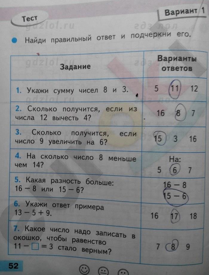 гдз 1 класс проверочные работы страница 52 Математика Волкова С.И.