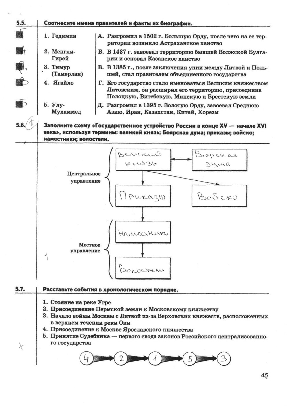 гдз 6 класс Рабочая тетрадь(История России) страница 45 История Тырин С.В., Симонова Е.В., Хартулари Г.С.