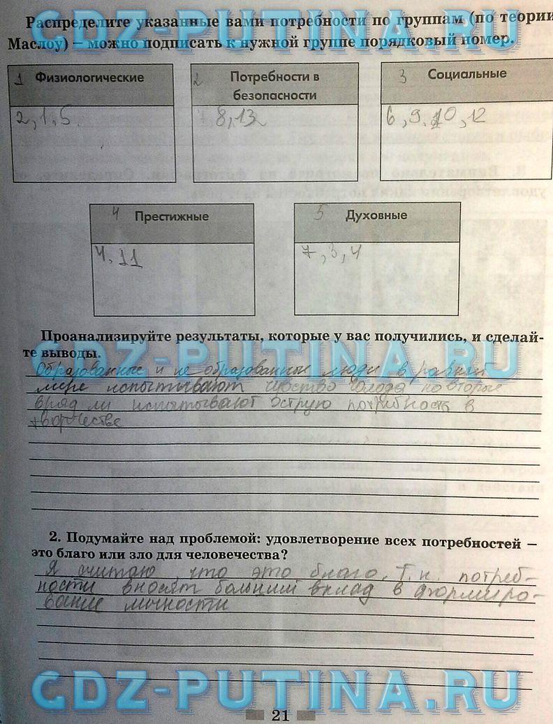 гдз 8  класс Рабочая тетрадь страница 21 Обществознание Митькин А.С. к учебнику Боголюбова Л.Н., Ивановой Л.Ф.