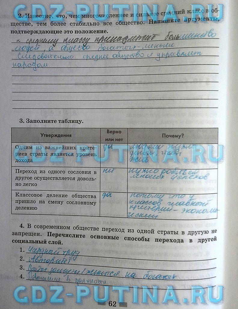 гдз 8  класс Рабочая тетрадь страница 62 Обществознание Митькин А.С. к учебнику Боголюбова Л.Н., Ивановой Л.Ф.