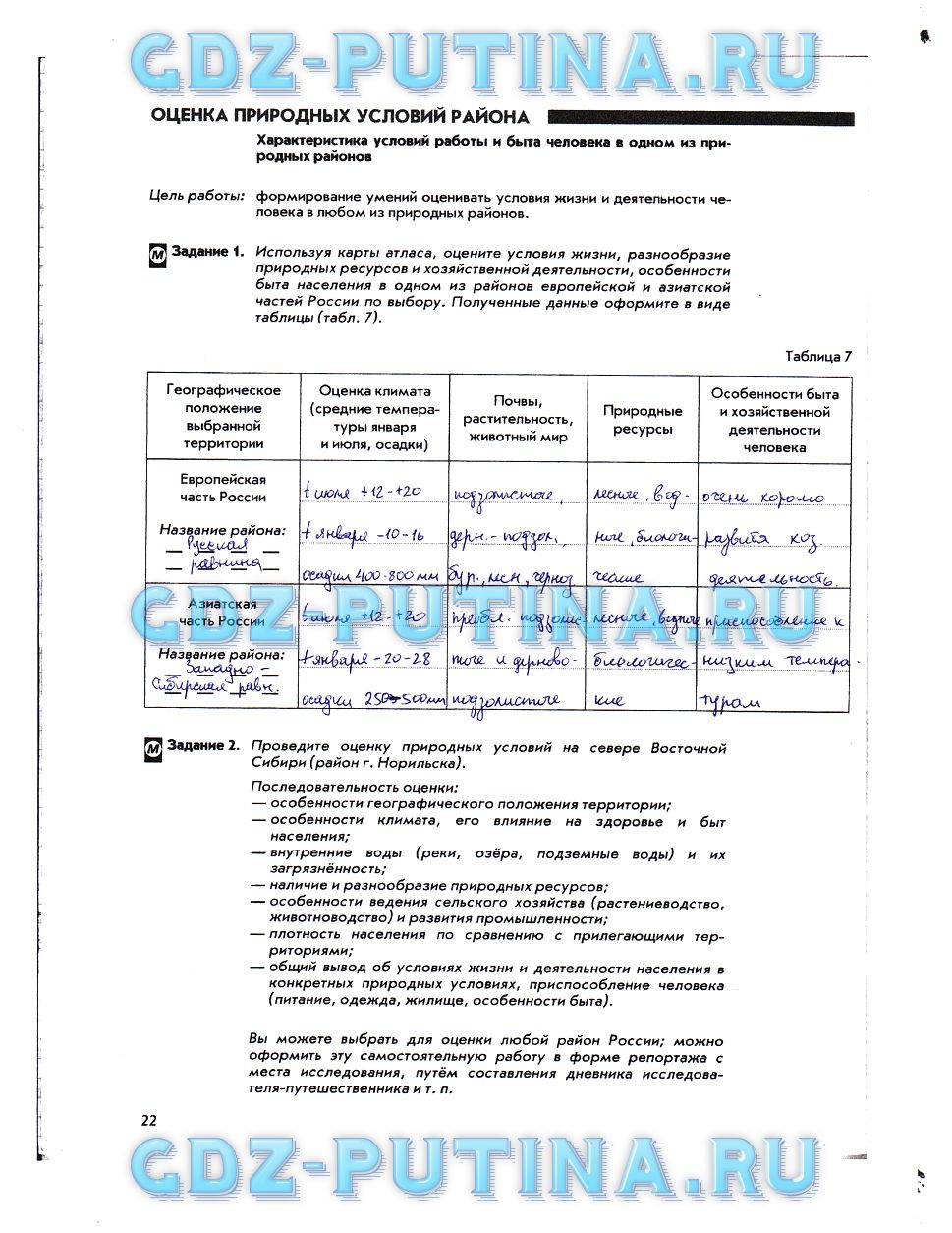 гдз 8 класс Рабочая тетрадь География  страница 22 География Сиротин В.И., Курчина С.В.